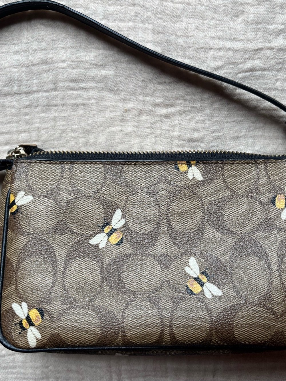 Coach Brown Signature Bee Print Shoulder Bag with Black Trim - Picture 12 of 16